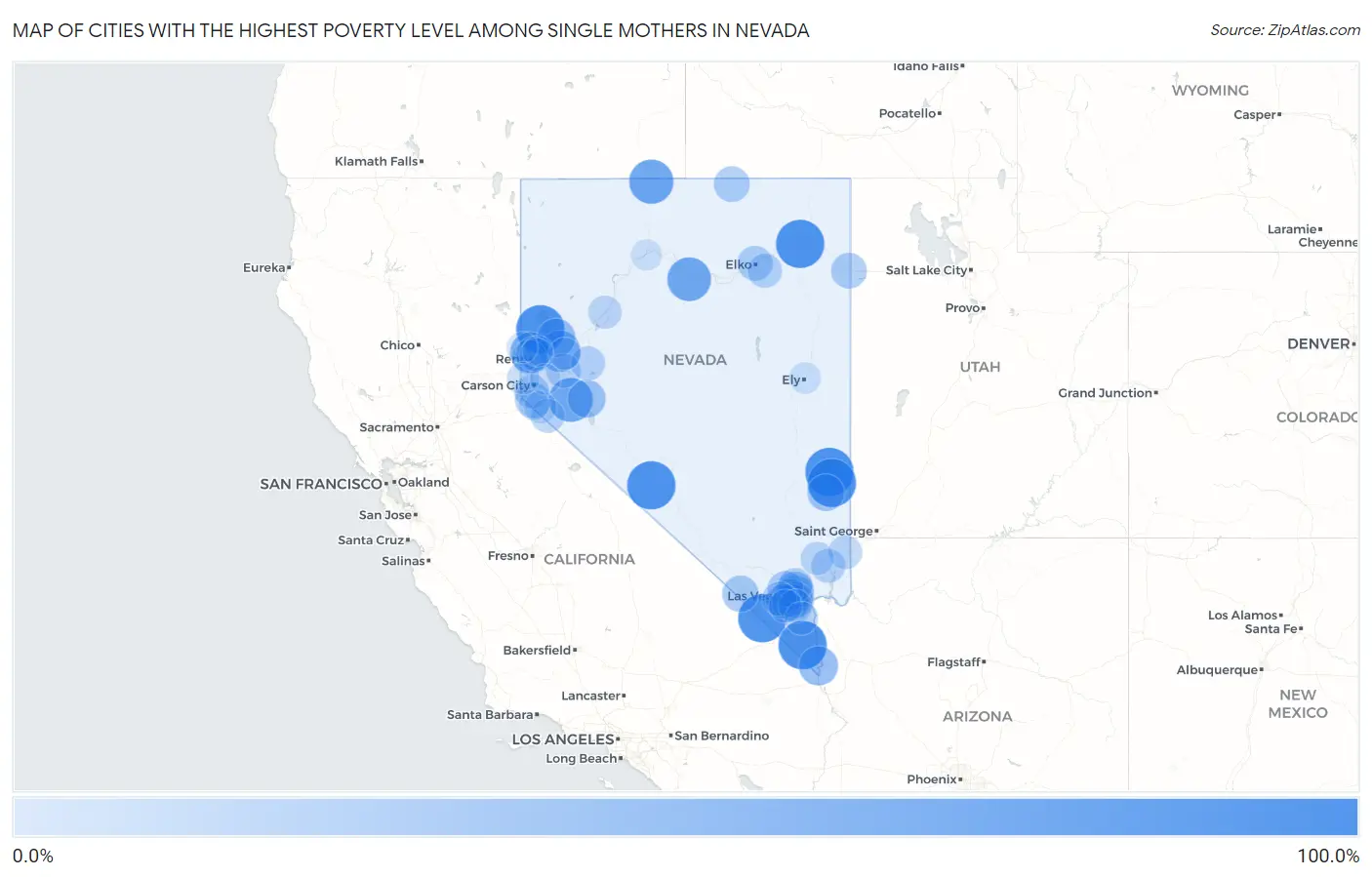 Cities with the Highest Poverty Level Among Single Mothers in Nevada Map