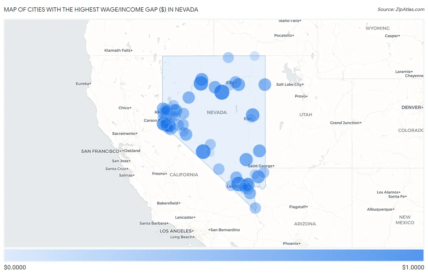 Cities with the Highest Wage/Income Gap ($) in Nevada Map