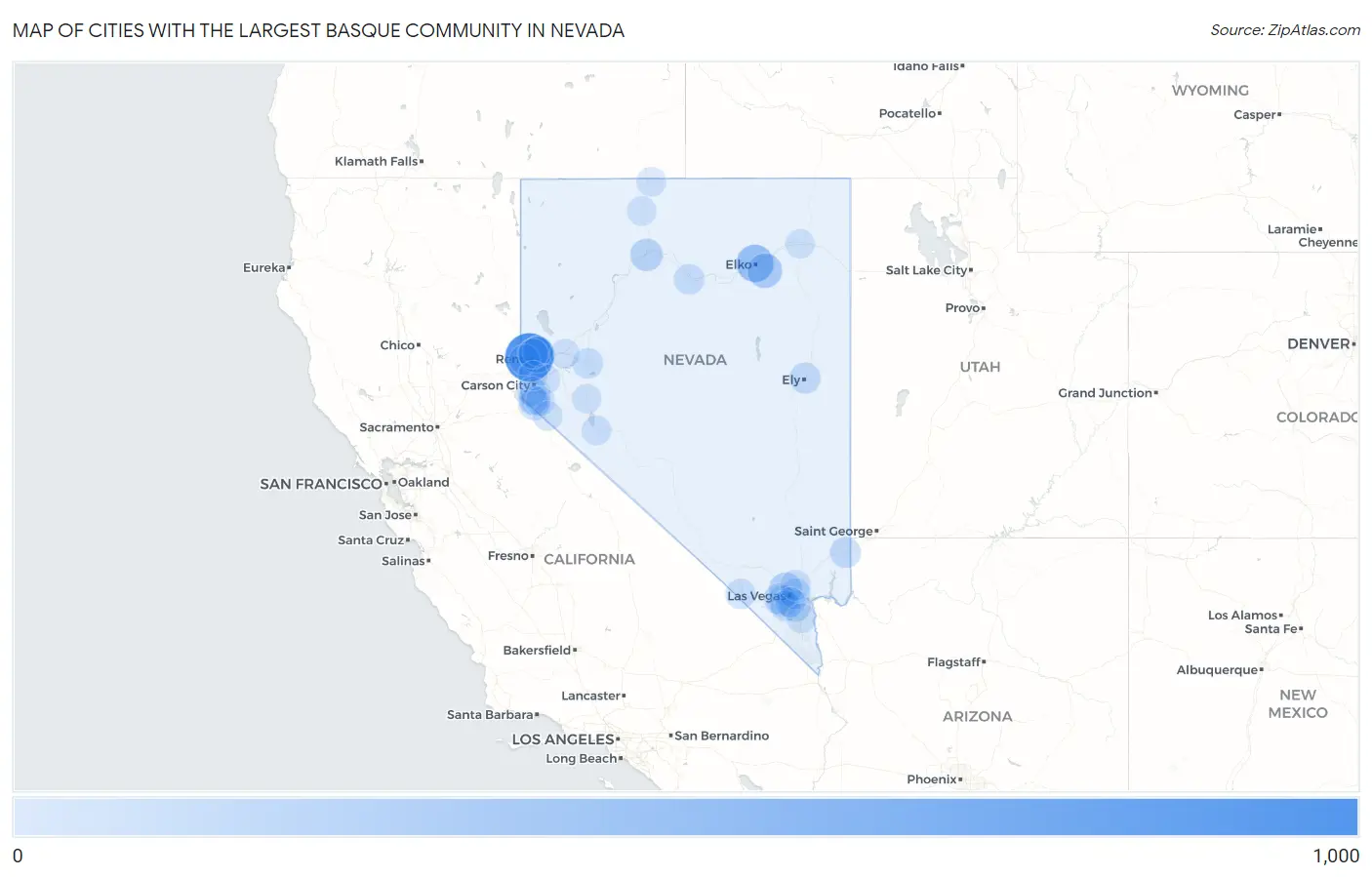 Cities with the Largest Basque Community in Nevada Map