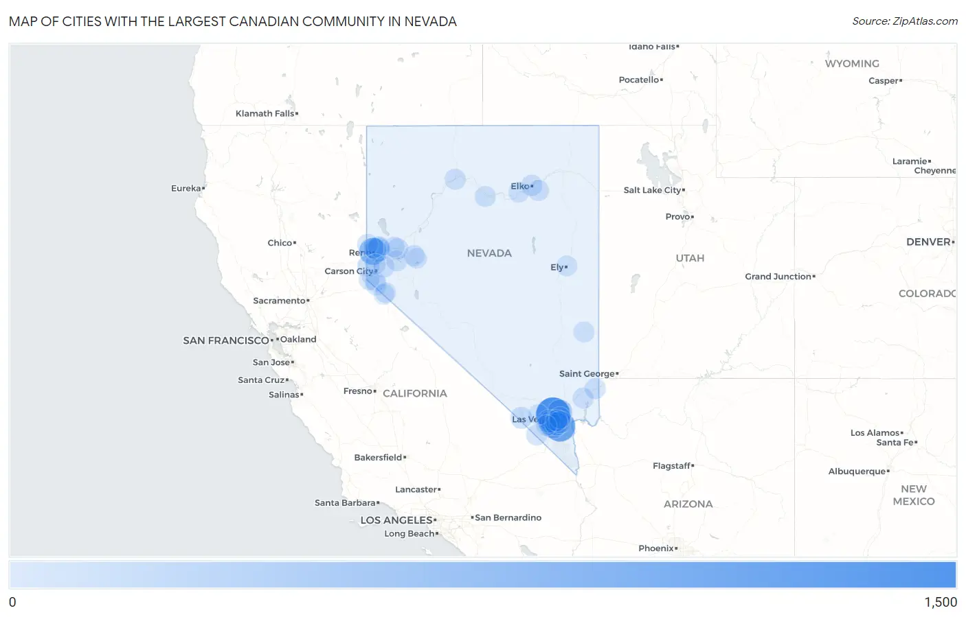 Cities with the Largest Canadian Community in Nevada Map