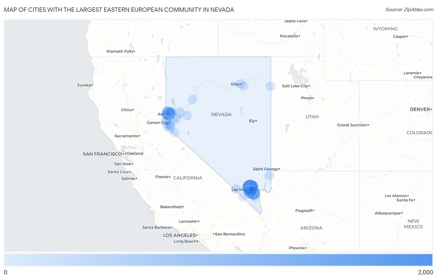 Cities with the Largest Eastern European Community in Nevada Map