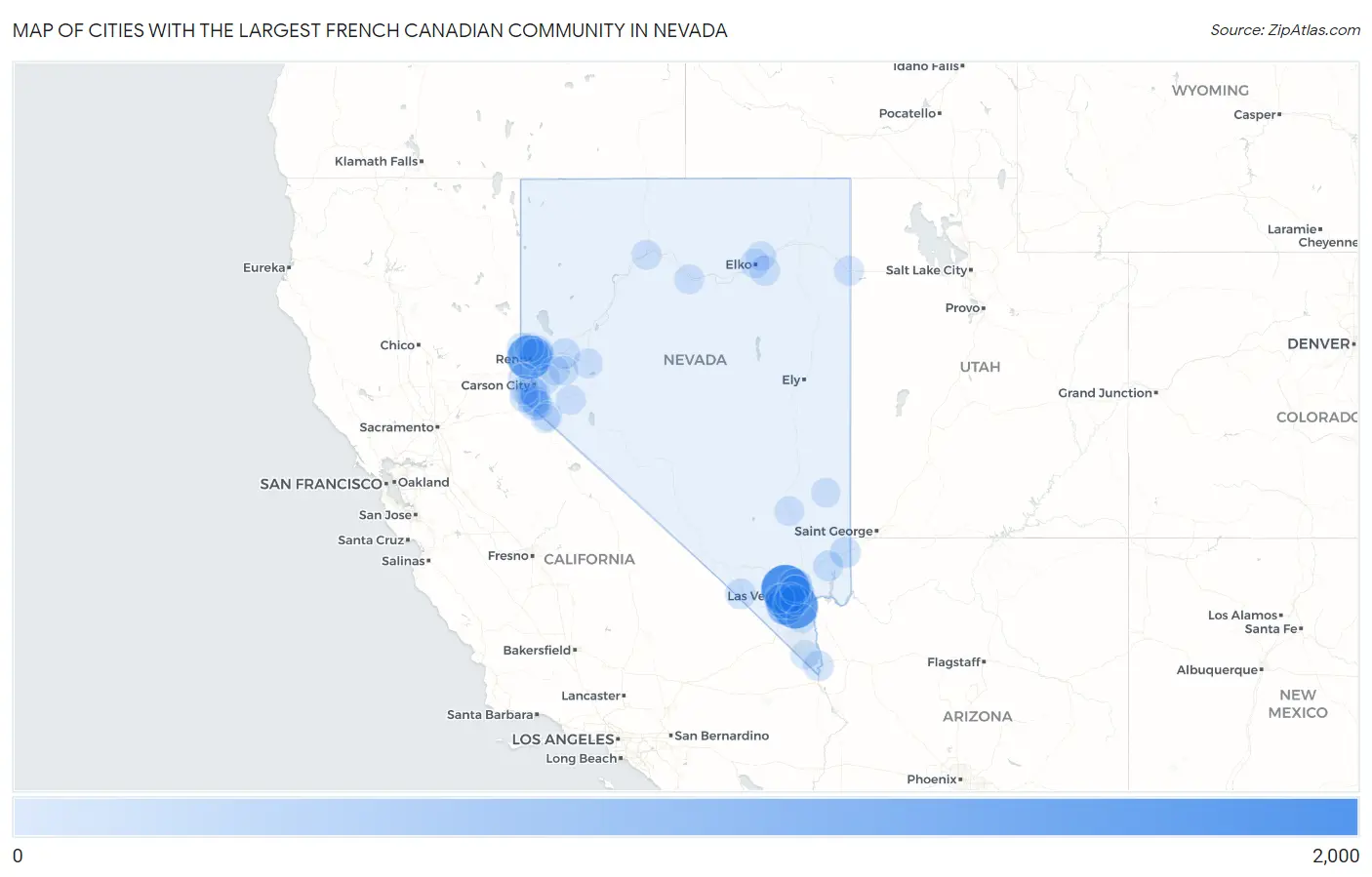 Cities with the Largest French Canadian Community in Nevada Map