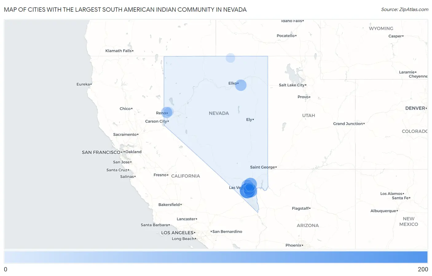 Cities with the Largest South American Indian Community in Nevada Map