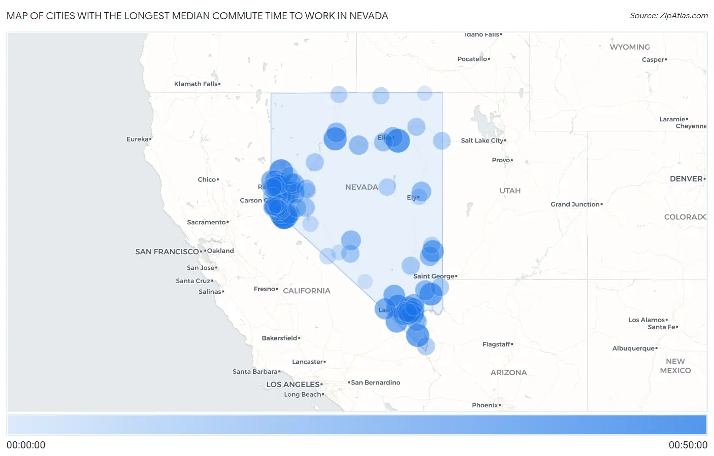Cities with the Longest Median Commute Time to Work in Nevada Map