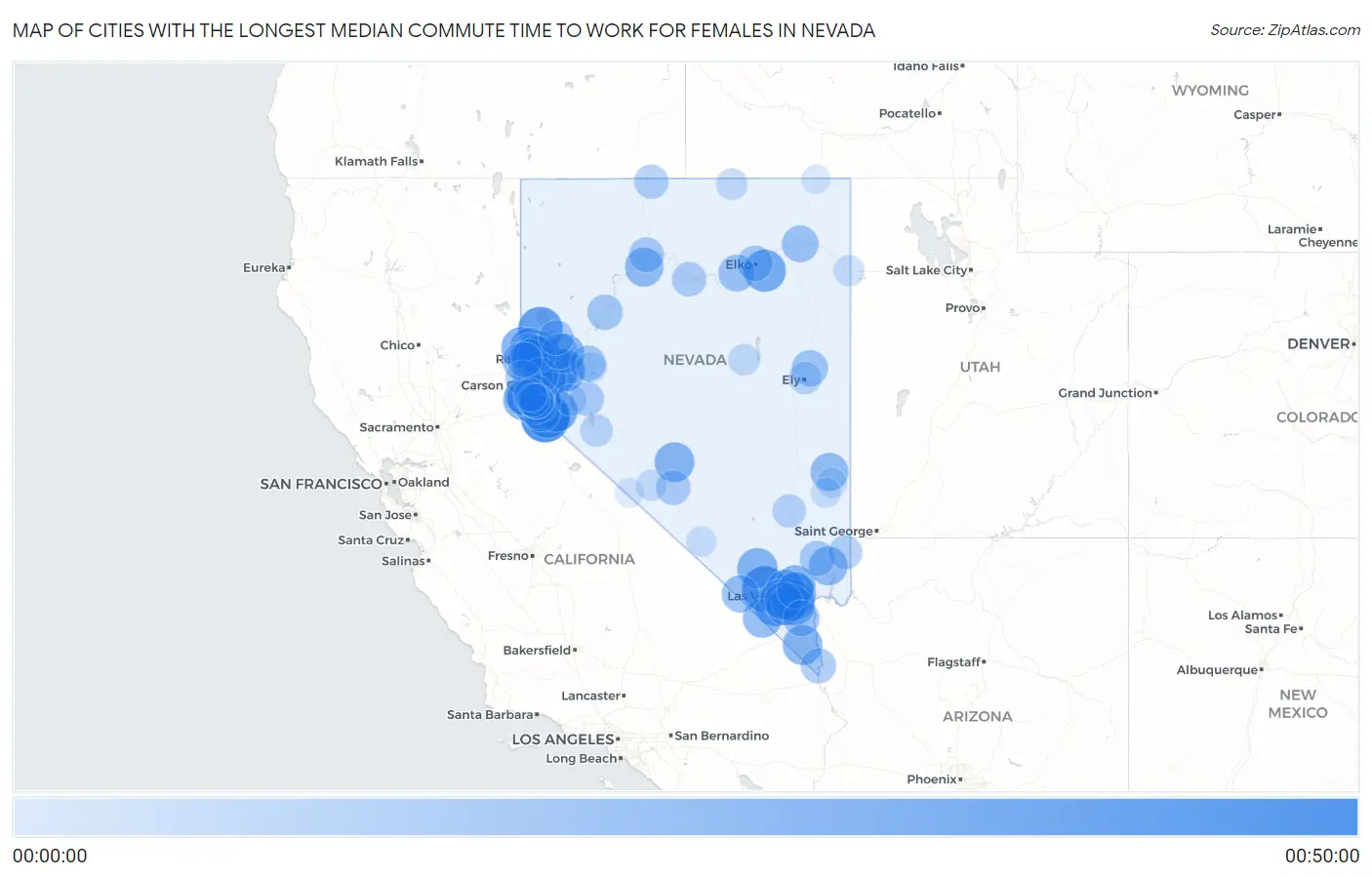 Cities with the Longest Median Commute Time to Work for Females in Nevada Map