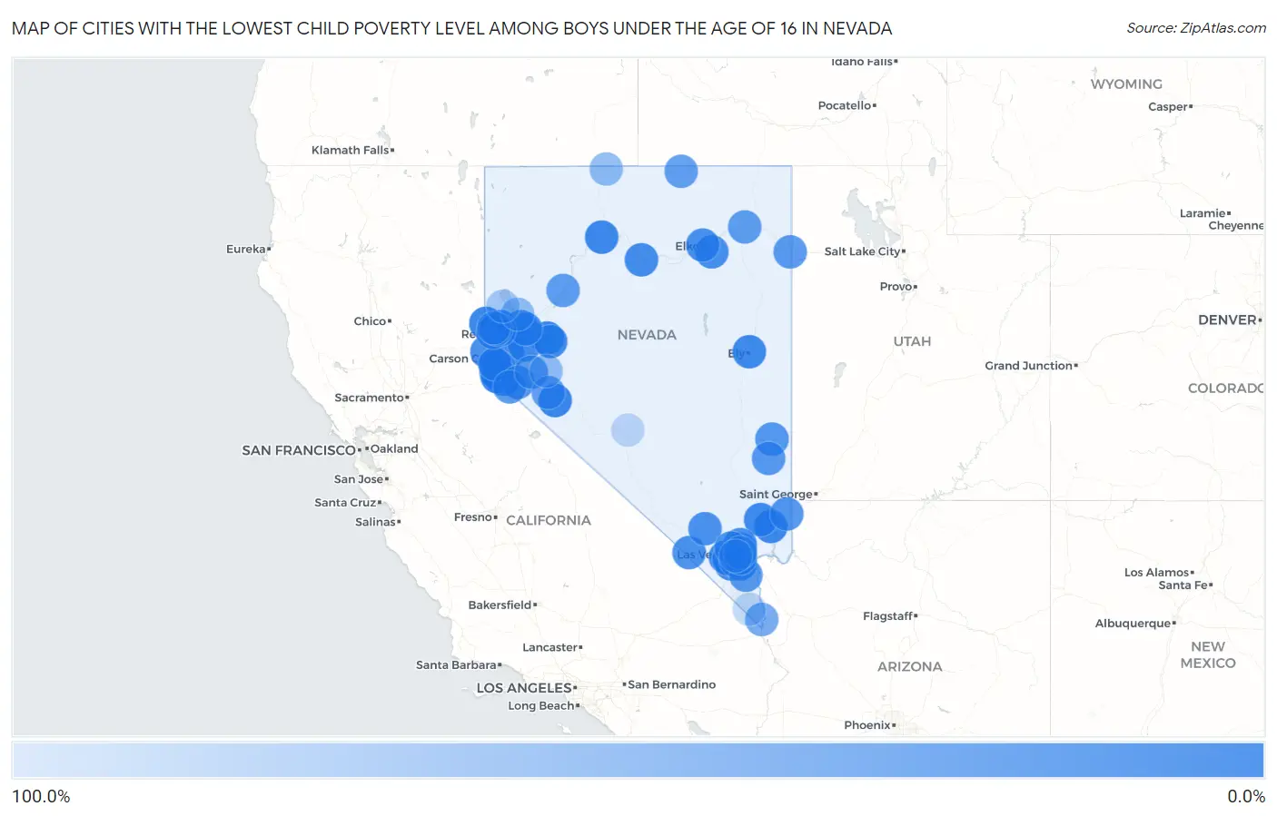 Cities with the Lowest Child Poverty Level Among Boys Under the Age of 16 in Nevada Map