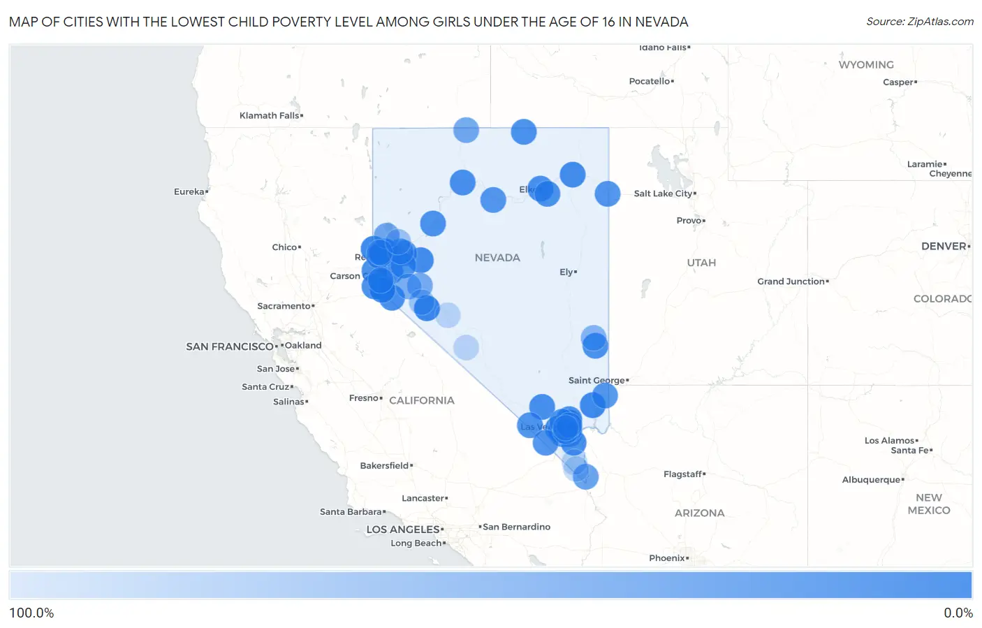 Cities with the Lowest Child Poverty Level Among Girls Under the Age of 16 in Nevada Map