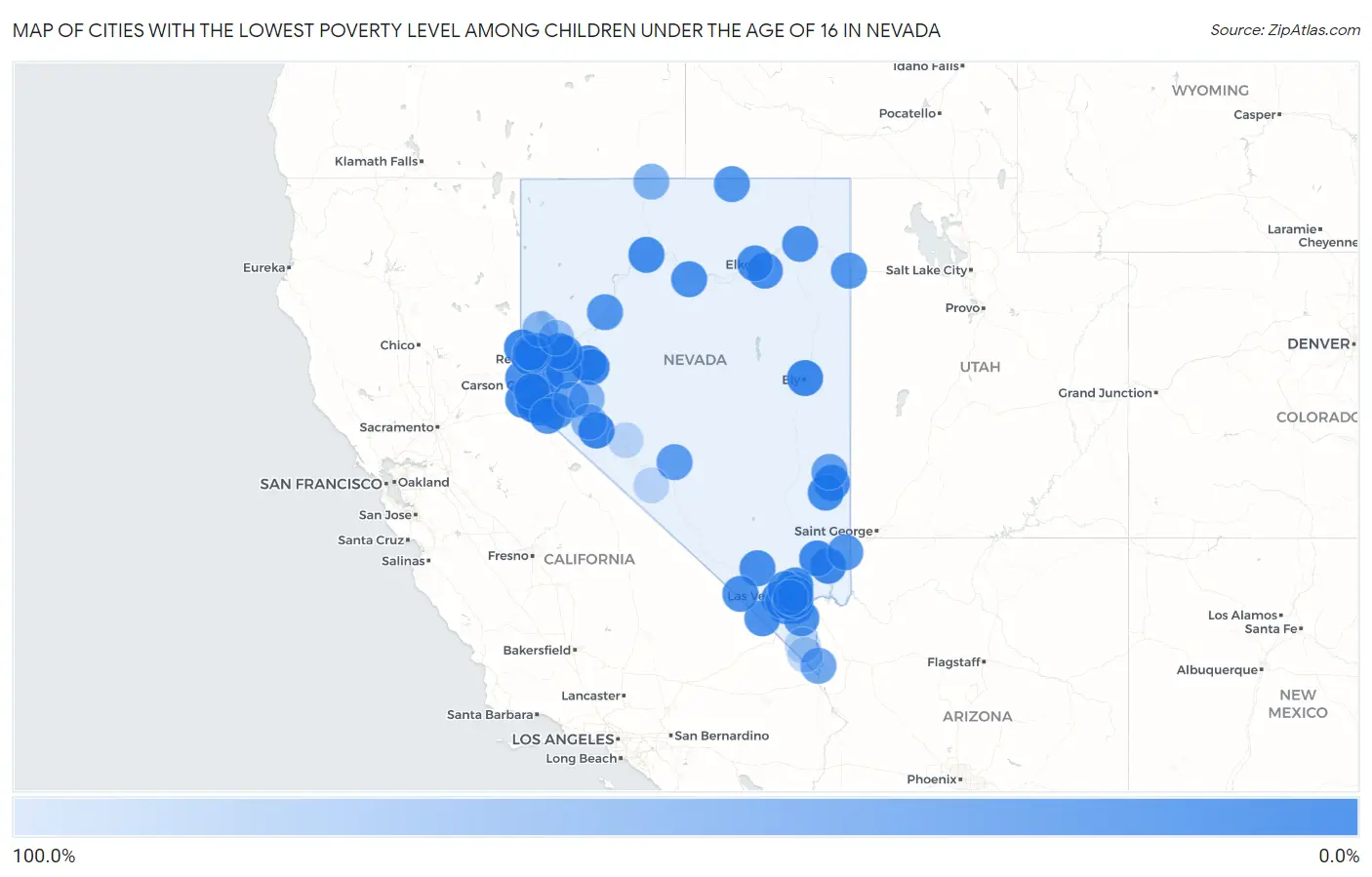 Cities with the Lowest Poverty Level Among Children Under the Age of 16 in Nevada Map