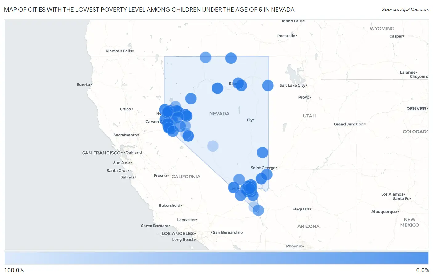 Cities with the Lowest Poverty Level Among Children Under the Age of 5 in Nevada Map