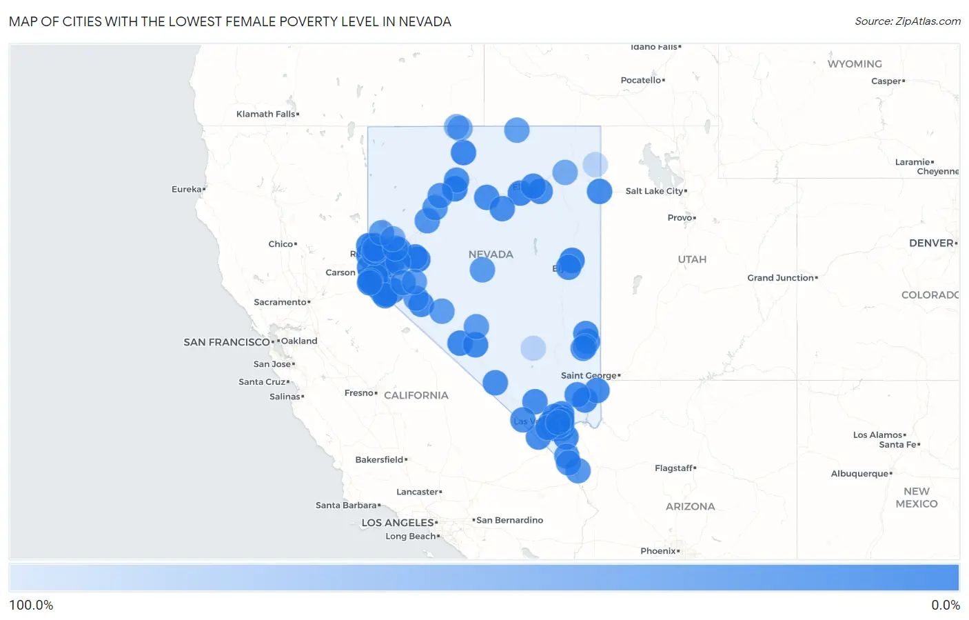 Cities with the Lowest Female Poverty Level in Nevada Map