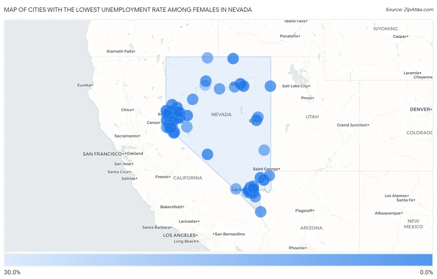 Cities with the Lowest Unemployment Rate Among Females in Nevada Map