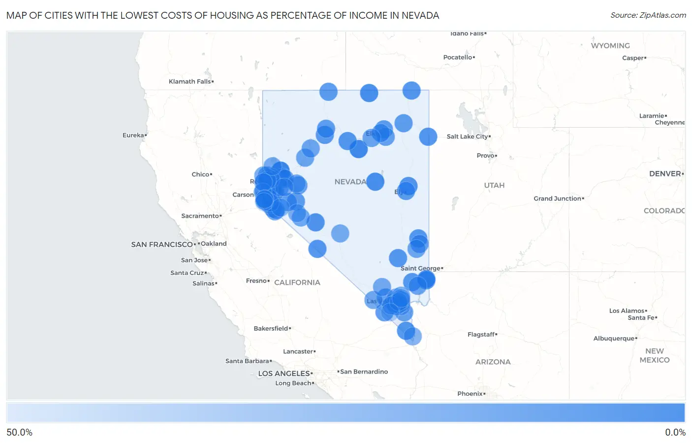 Cities with the Lowest Costs of Housing as Percentage of Income in Nevada Map