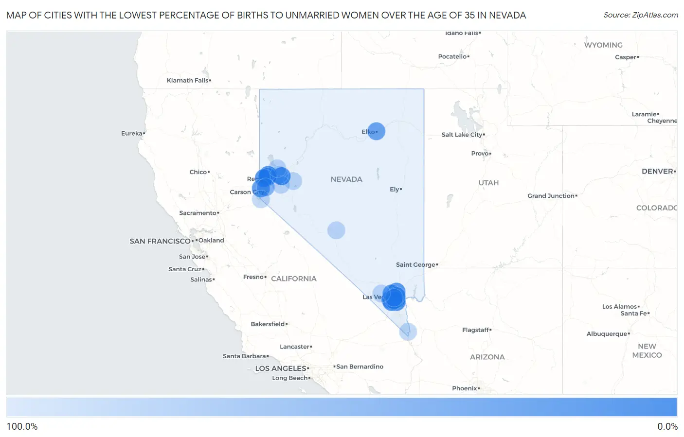 Cities with the Lowest Percentage of Births to Unmarried Women over the Age of 35 in Nevada Map