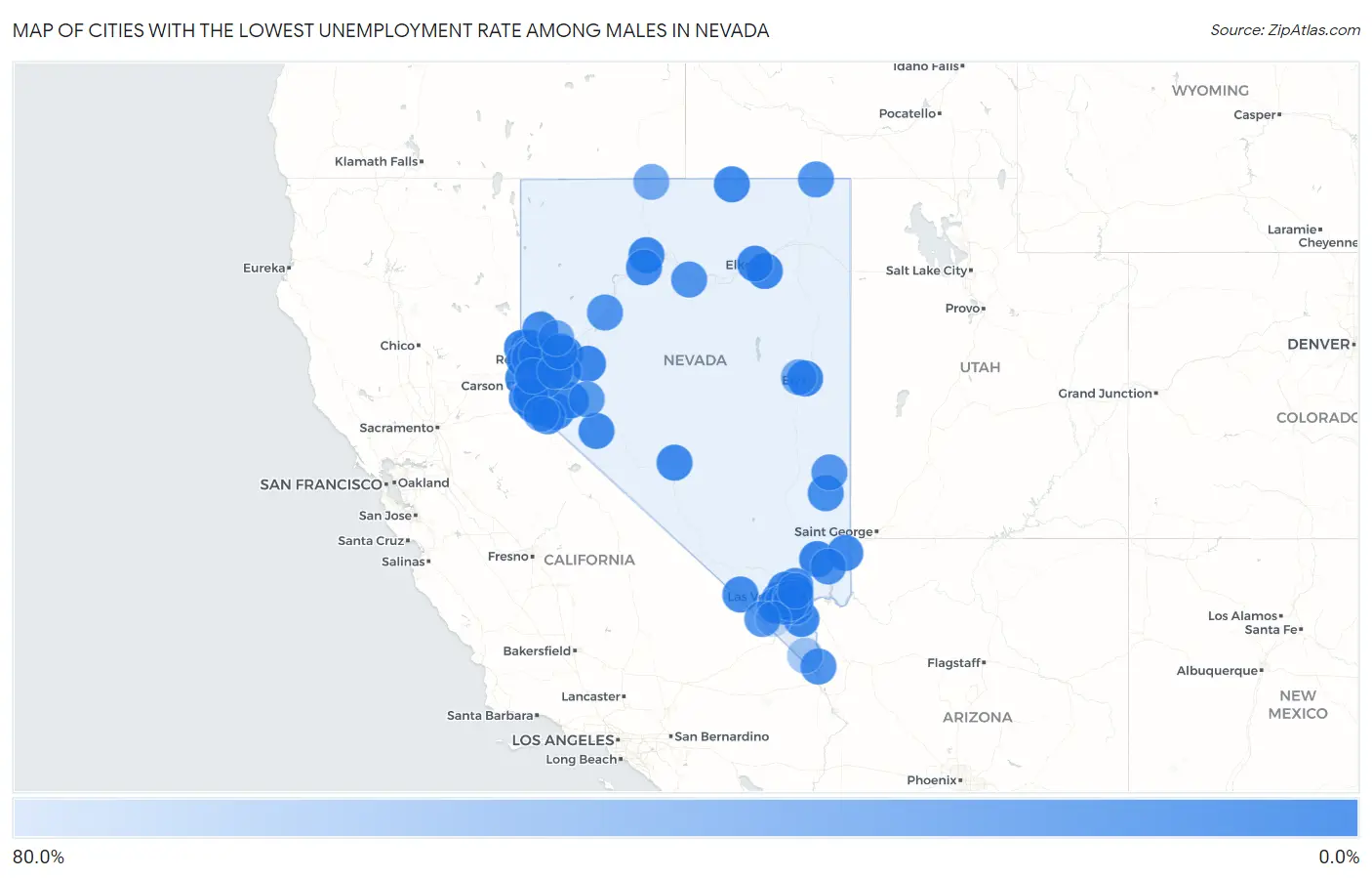Cities with the Lowest Unemployment Rate Among Males in Nevada Map