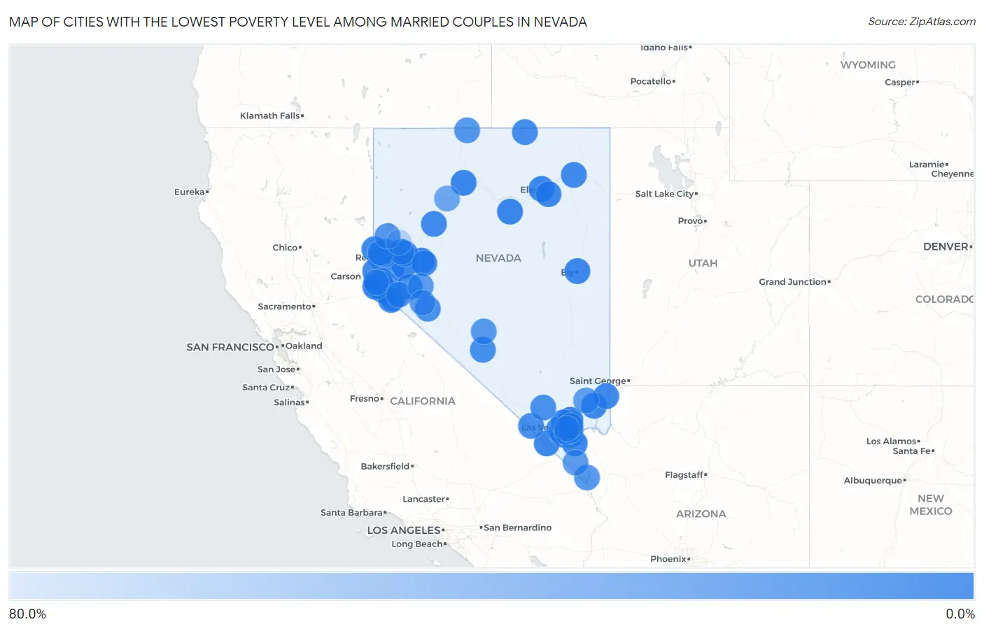 Cities with the Lowest Poverty Level Among Married Couples in Nevada Map
