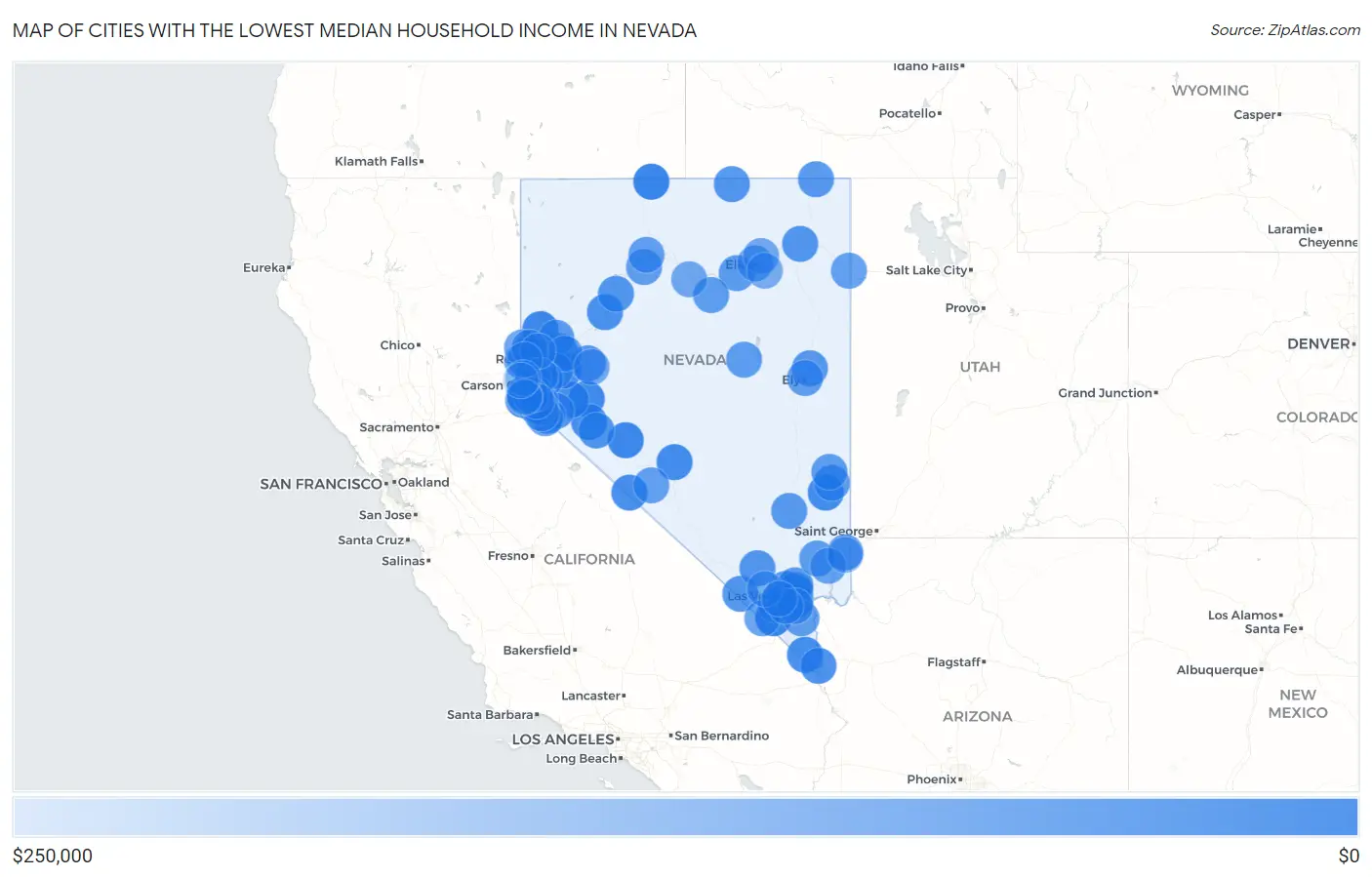 Cities with the Lowest Median Household Income in Nevada Map