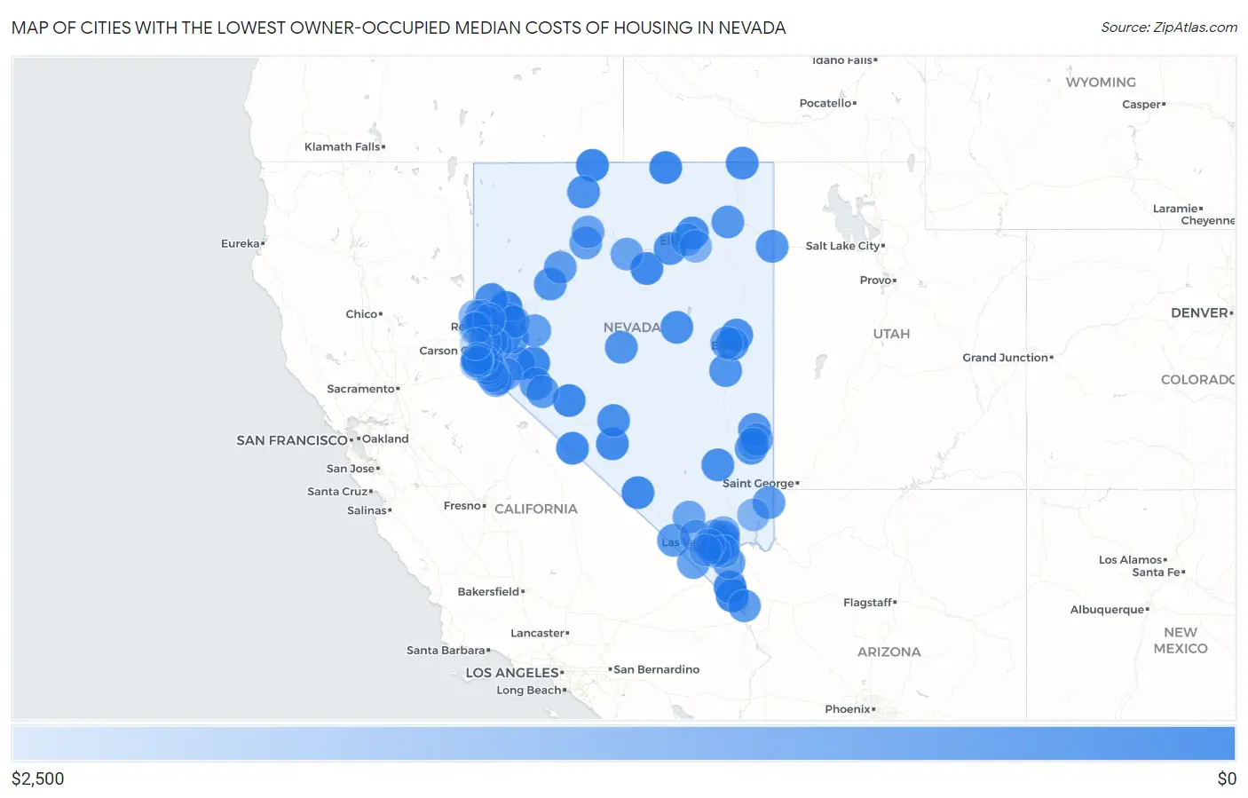 Cities with the Lowest Owner-Occupied Median Costs of Housing in Nevada Map