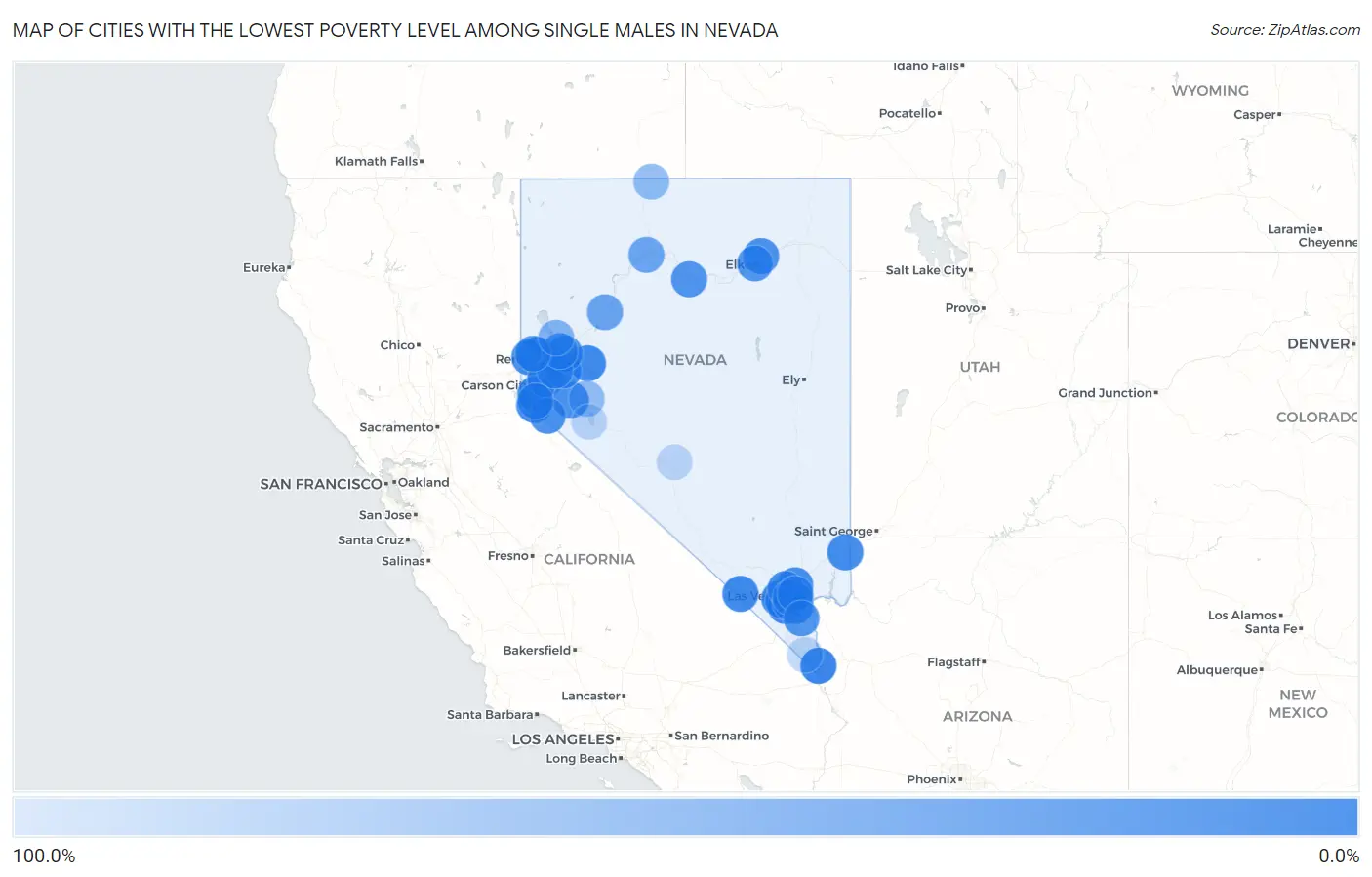 Cities with the Lowest Poverty Level Among Single Males in Nevada Map