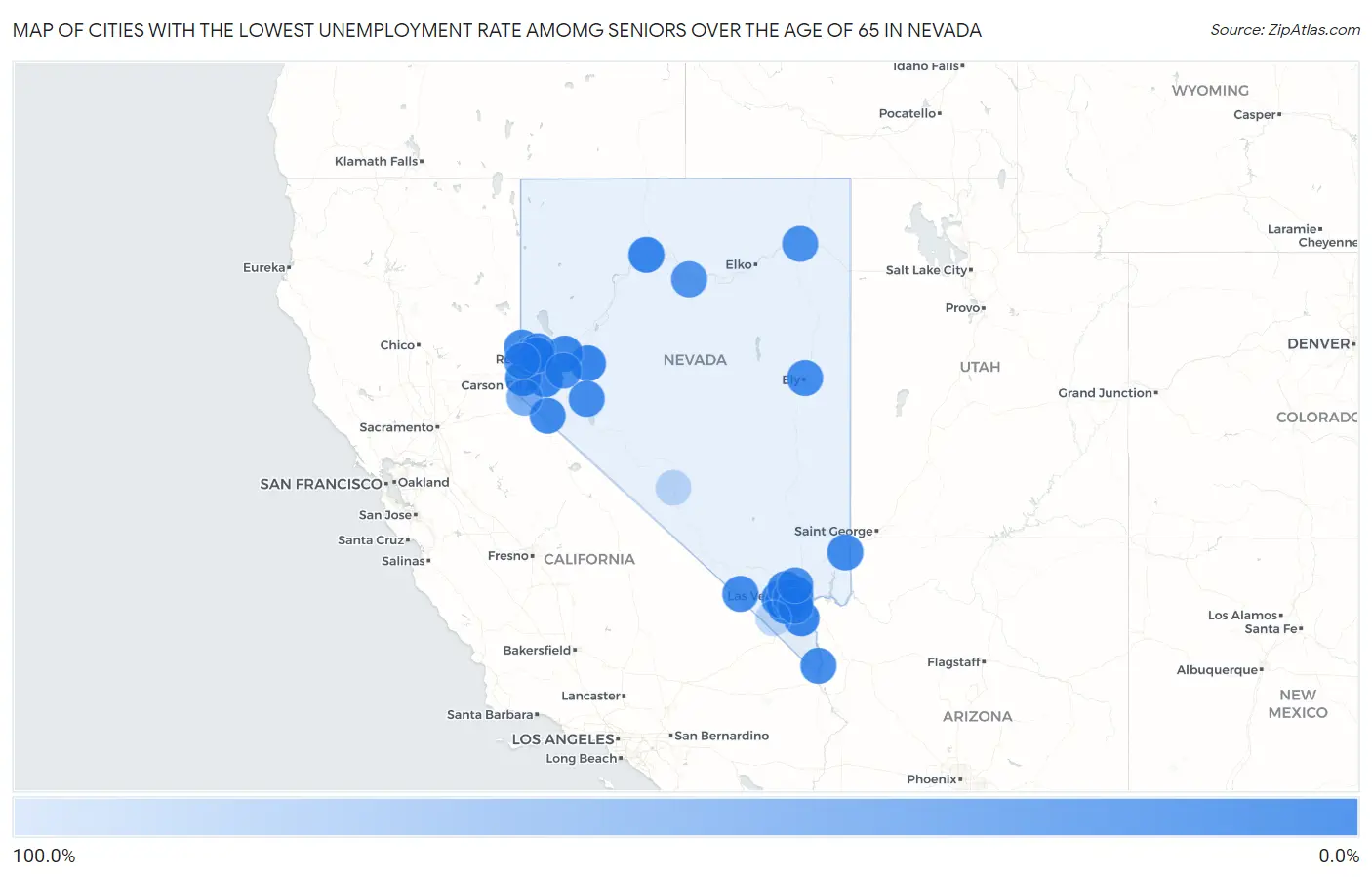Cities with the Lowest Unemployment Rate Amomg Seniors Over the Age of 65 in Nevada Map
