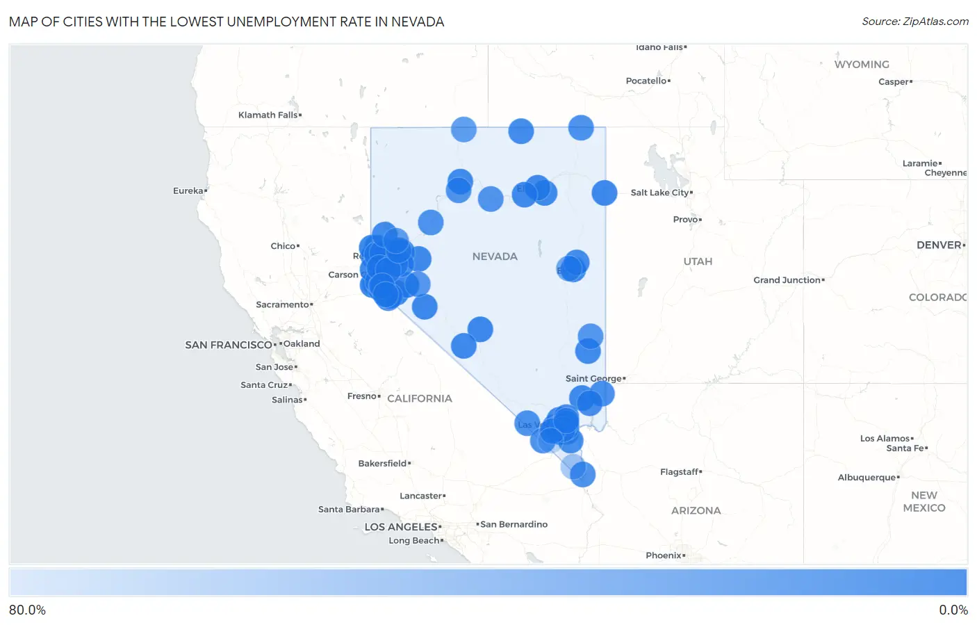 Cities with the Lowest Unemployment Rate in Nevada Map