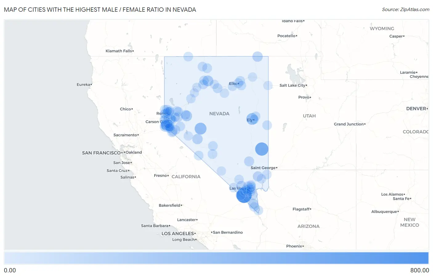 Cities with the Highest Male / Female Ratio in Nevada Map