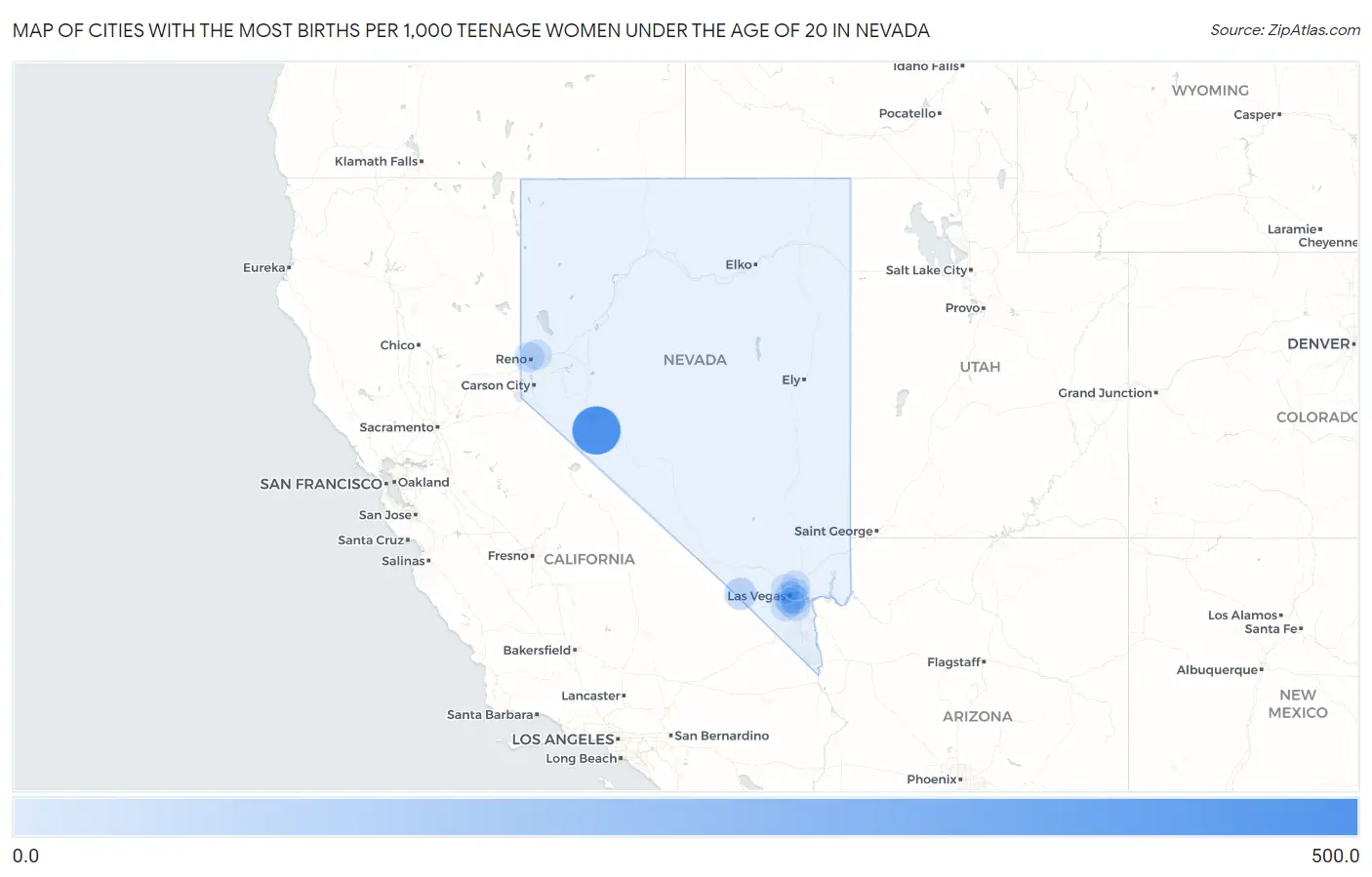 Cities with the Most Births per 1,000 Teenage Women Under the Age of 20 in Nevada Map