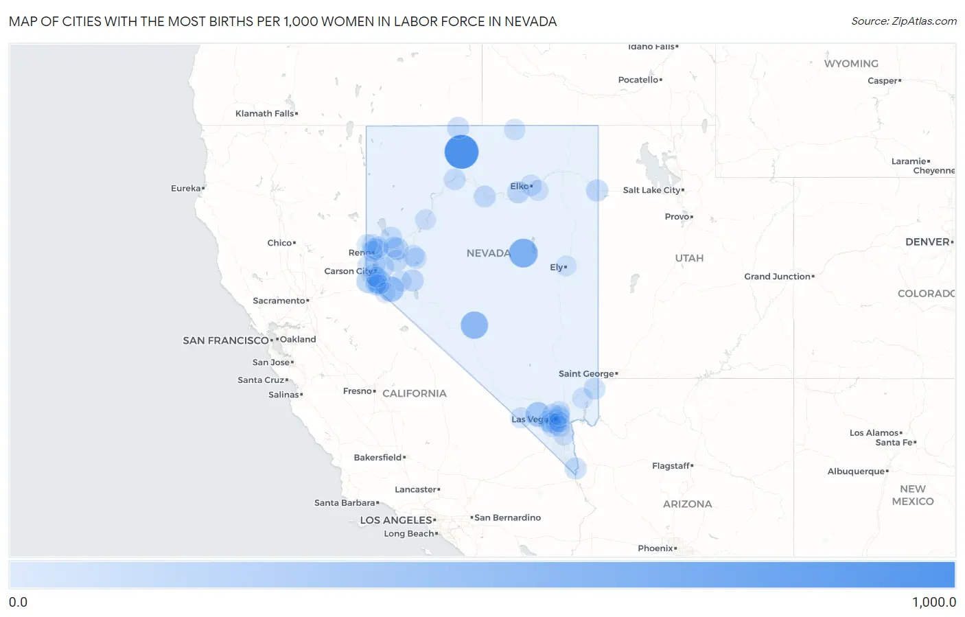 Cities with the Most Births per 1,000 Women in Labor Force in Nevada Map