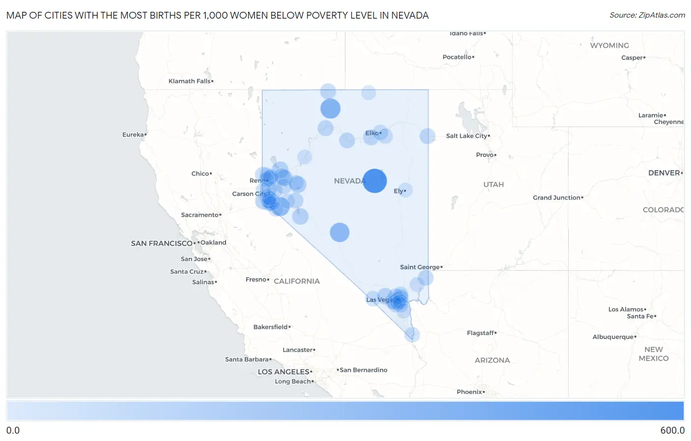 Cities with the Most Births per 1,000 Women Below Poverty Level in Nevada Map