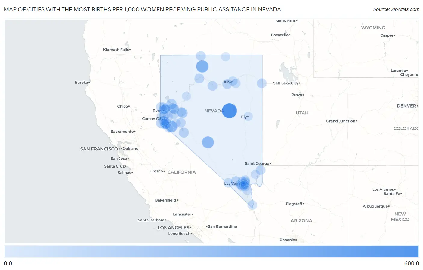 Cities with the Most Births per 1,000 Women Receiving Public Assitance in Nevada Map