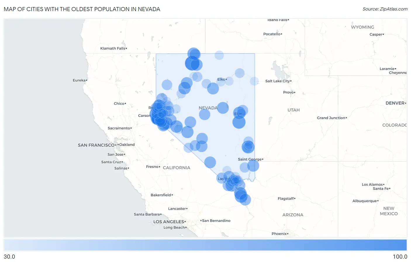Cities with the Oldest Population in Nevada Map