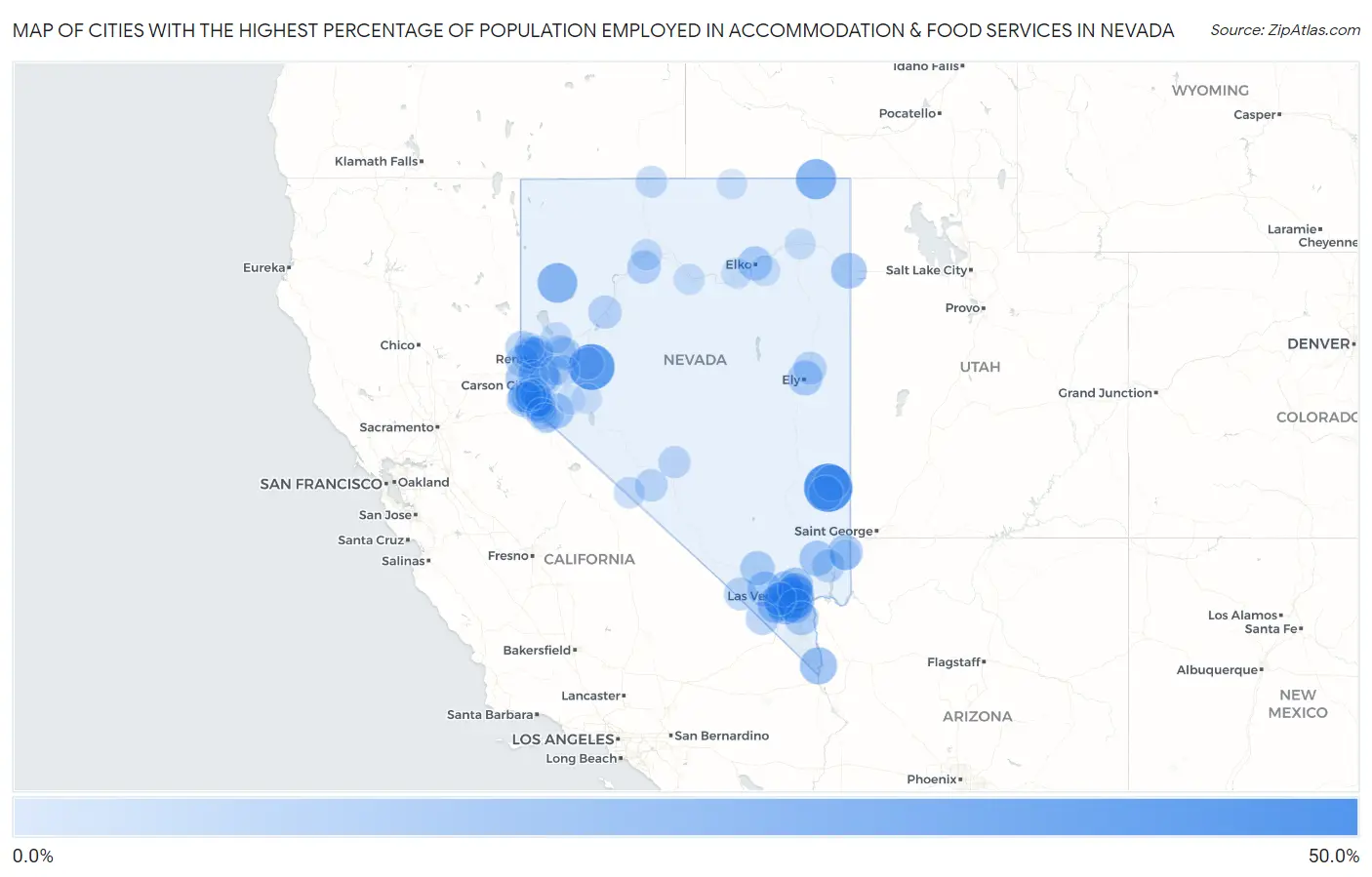 Cities with the Highest Percentage of Population Employed in Accommodation & Food Services in Nevada Map