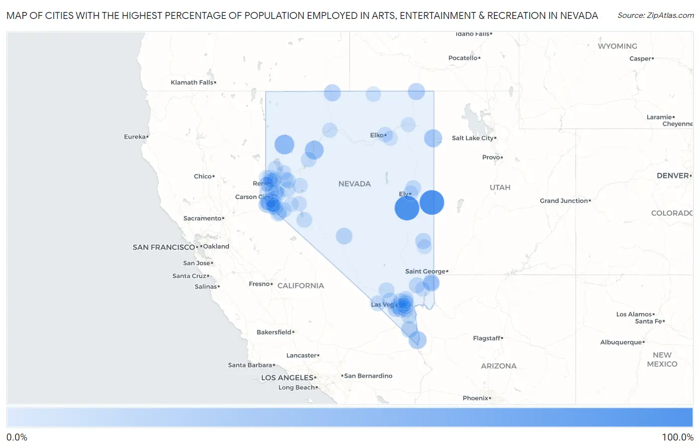 Cities with the Highest Percentage of Population Employed in Arts, Entertainment & Recreation in Nevada Map