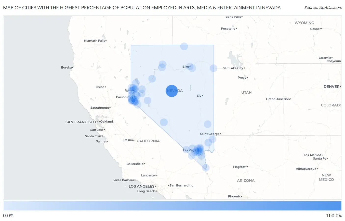 Cities with the Highest Percentage of Population Employed in Arts, Media & Entertainment in Nevada Map