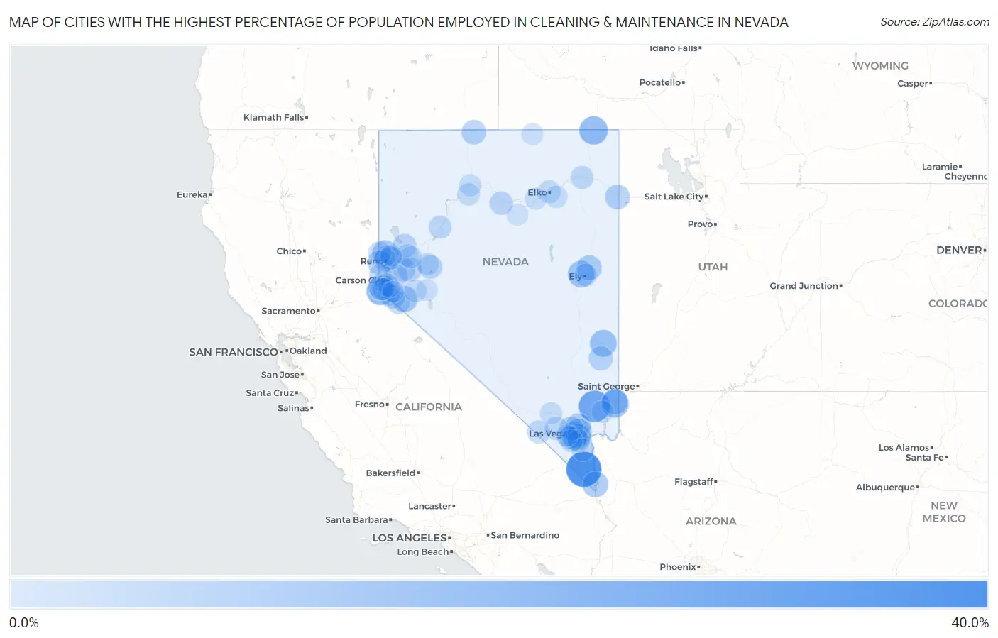 Cities with the Highest Percentage of Population Employed in Cleaning & Maintenance in Nevada Map