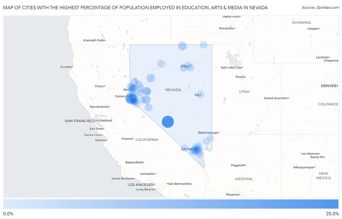 Cities with the Highest Percentage of Population Employed in Education, Arts & Media in Nevada Map