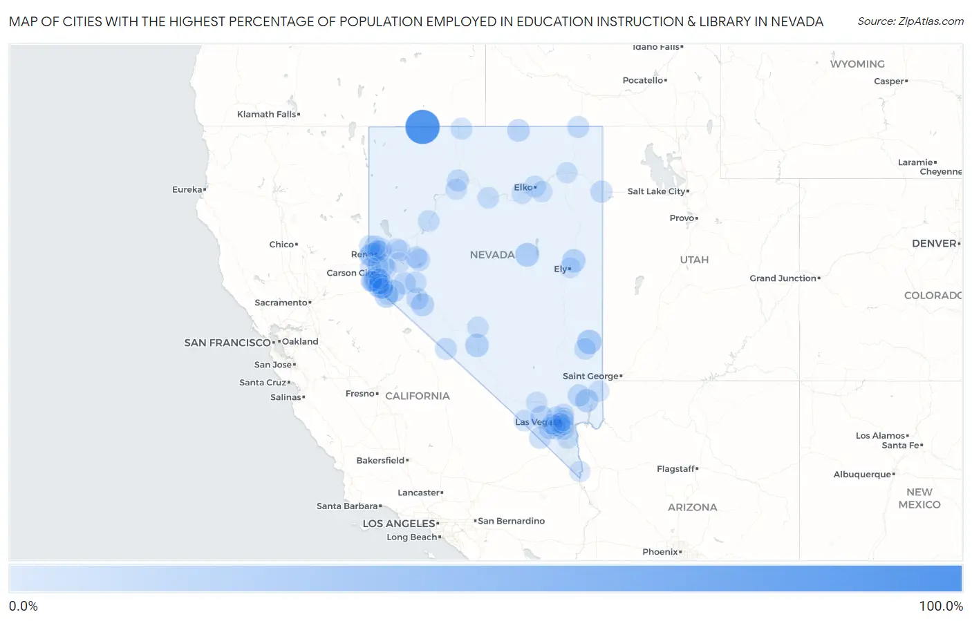 Cities with the Highest Percentage of Population Employed in Education Instruction & Library in Nevada Map