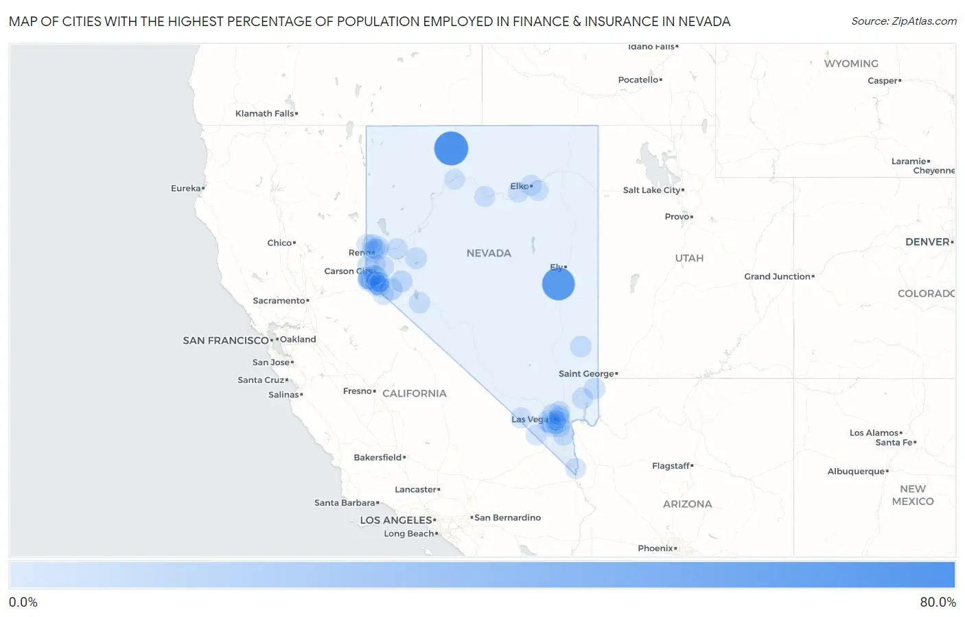 Cities with the Highest Percentage of Population Employed in Finance & Insurance in Nevada Map
