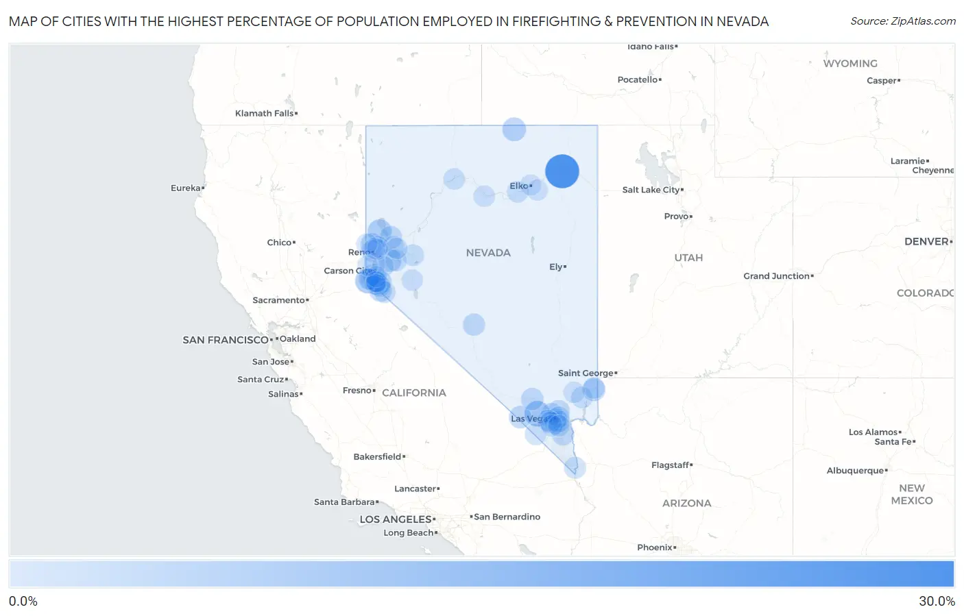 Cities with the Highest Percentage of Population Employed in Firefighting & Prevention in Nevada Map