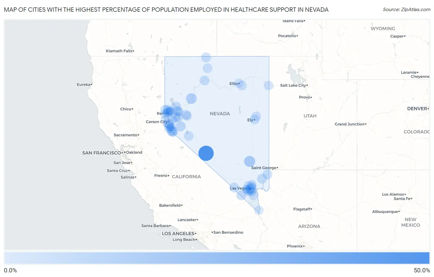 Cities with the Highest Percentage of Population Employed in Healthcare Support in Nevada Map