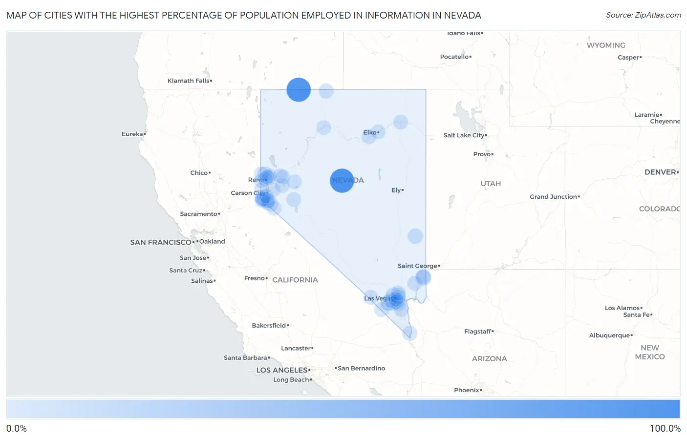 Cities with the Highest Percentage of Population Employed in Information in Nevada Map
