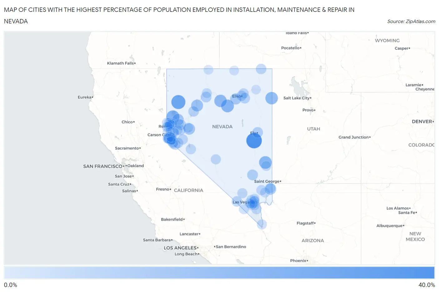 Cities with the Highest Percentage of Population Employed in Installation, Maintenance & Repair in Nevada Map
