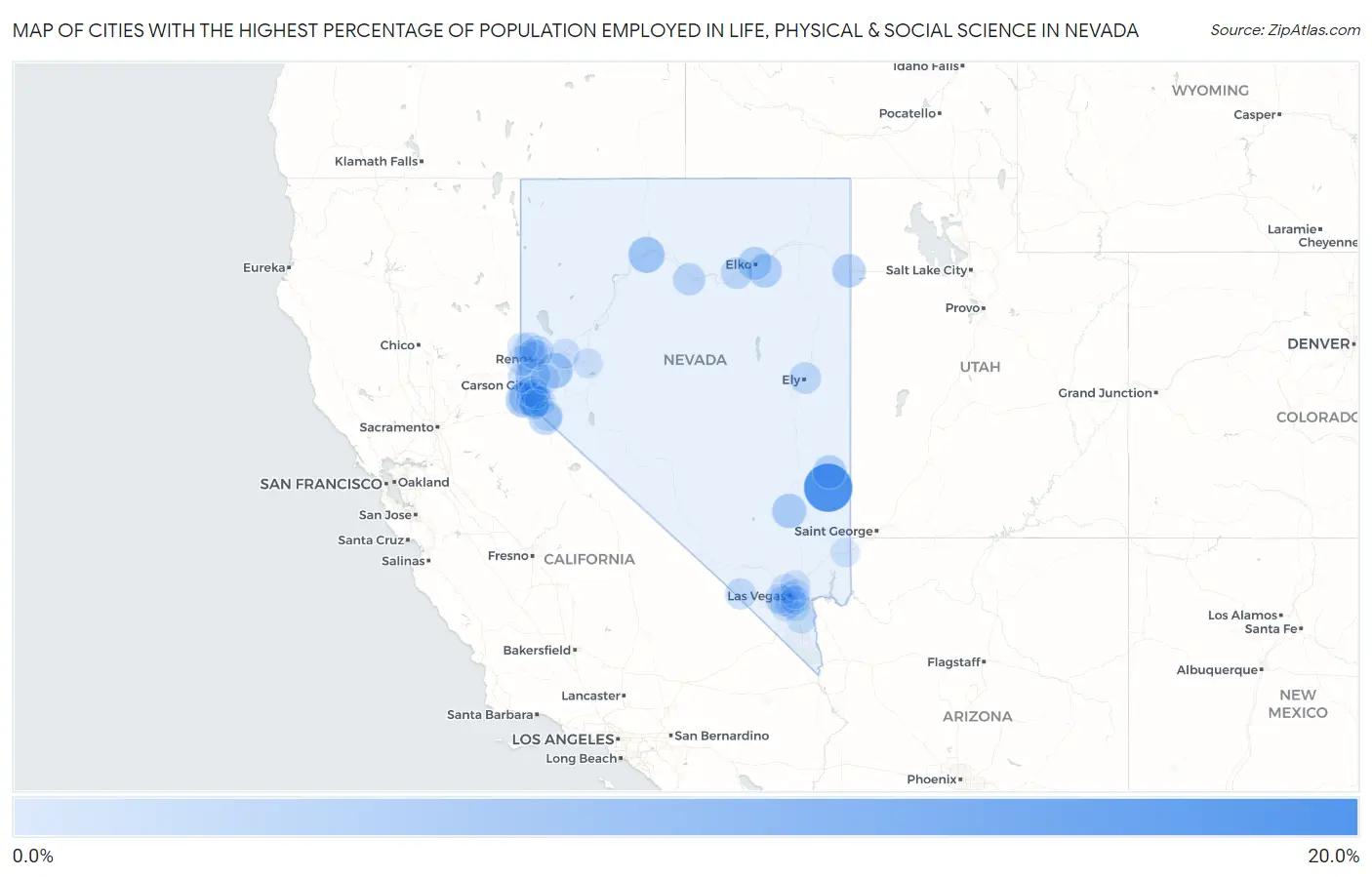 Cities with the Highest Percentage of Population Employed in Life, Physical & Social Science in Nevada Map