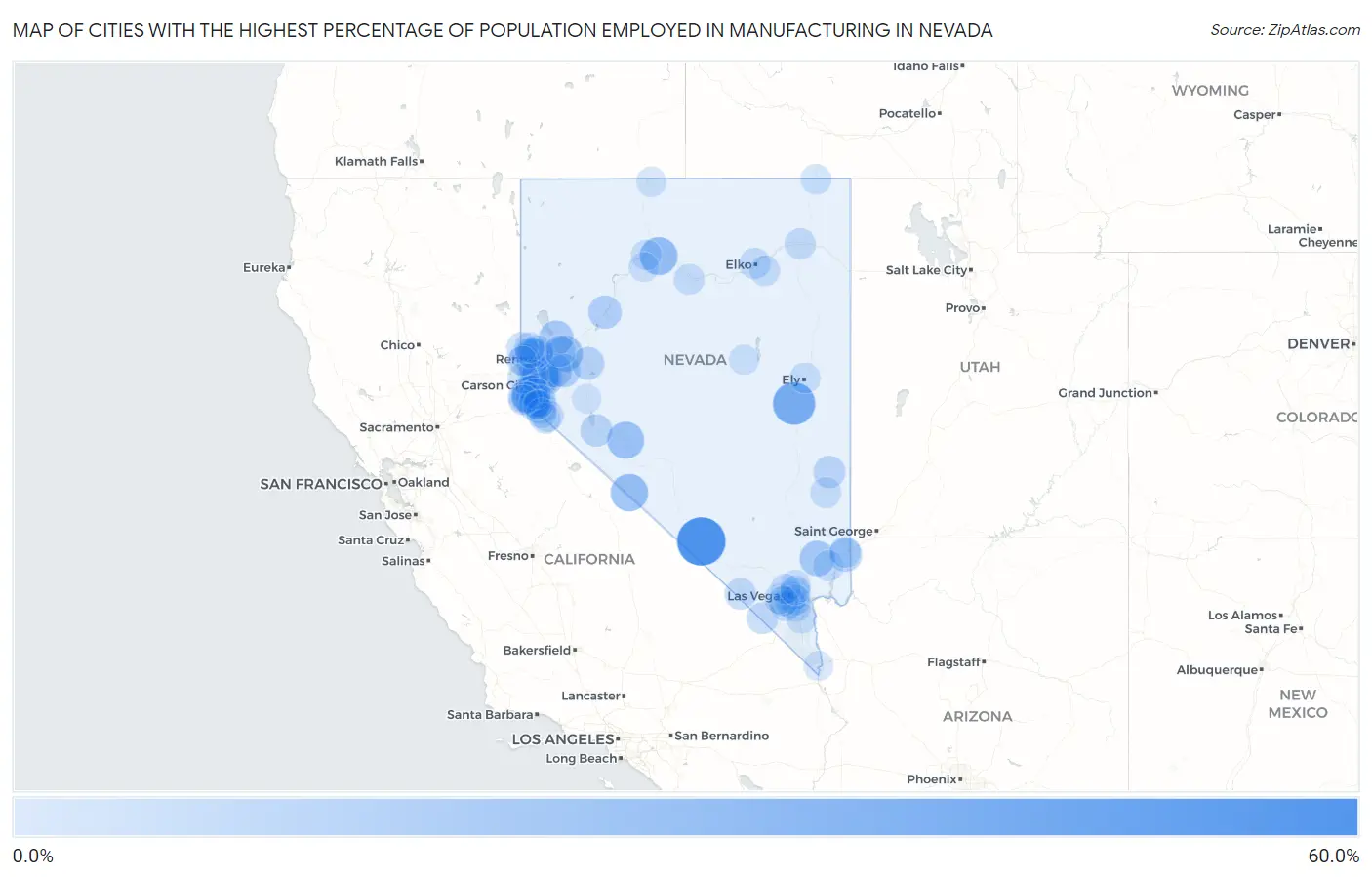 Cities with the Highest Percentage of Population Employed in Manufacturing in Nevada Map