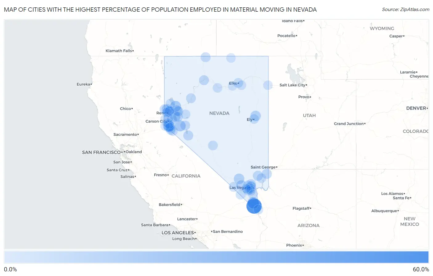 Cities with the Highest Percentage of Population Employed in Material Moving in Nevada Map
