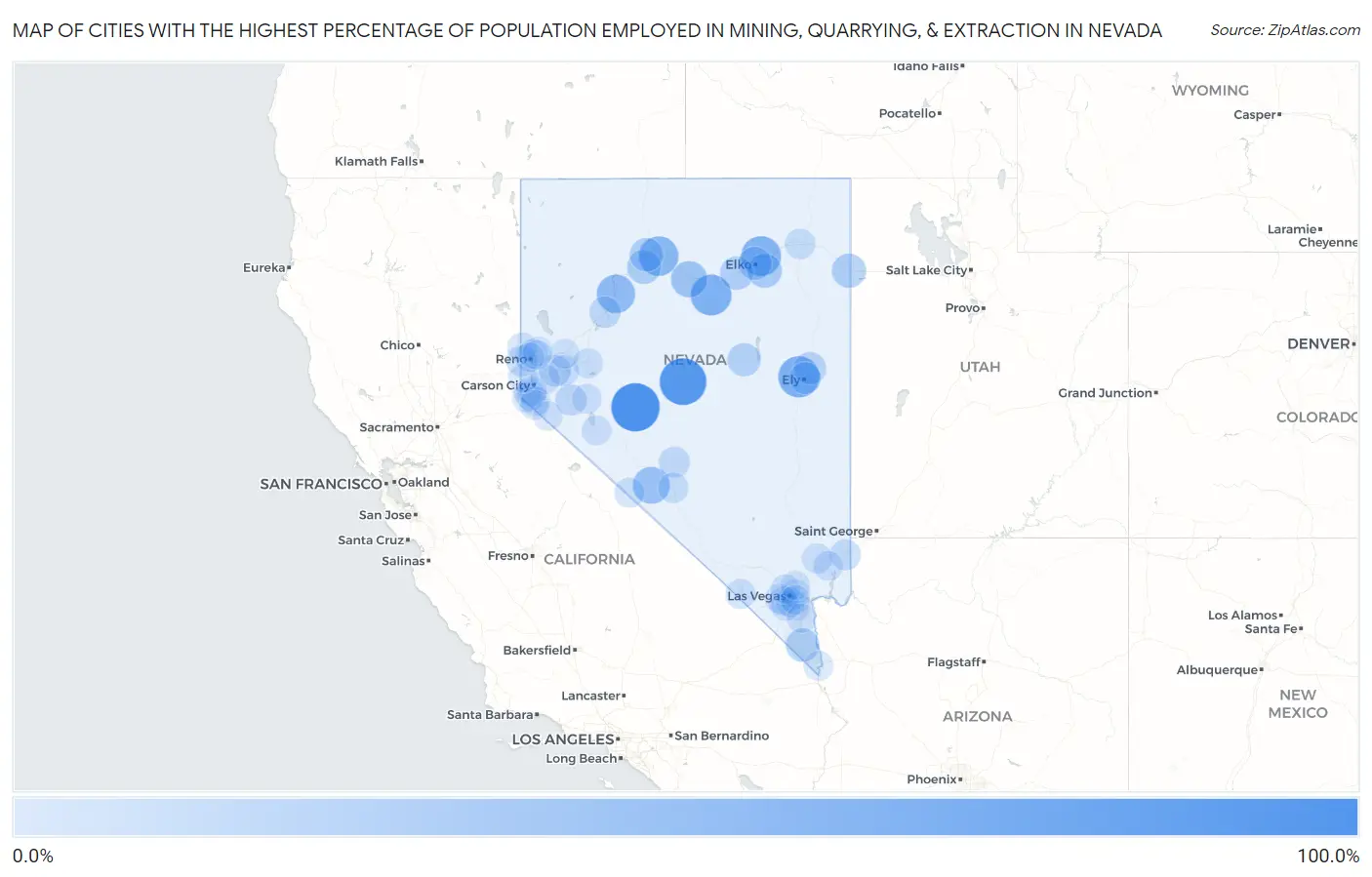 Cities with the Highest Percentage of Population Employed in Mining, Quarrying, & Extraction in Nevada Map