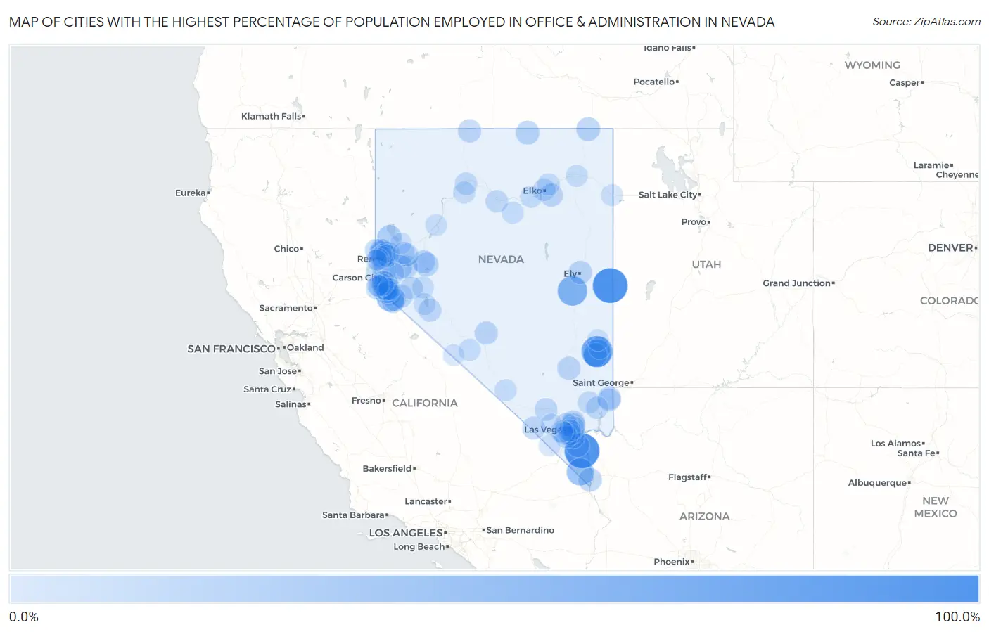 Cities with the Highest Percentage of Population Employed in Office & Administration in Nevada Map