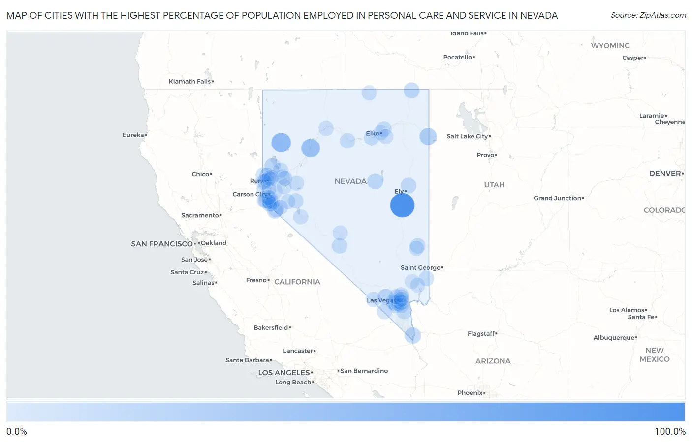 Cities with the Highest Percentage of Population Employed in Personal Care and Service in Nevada Map
