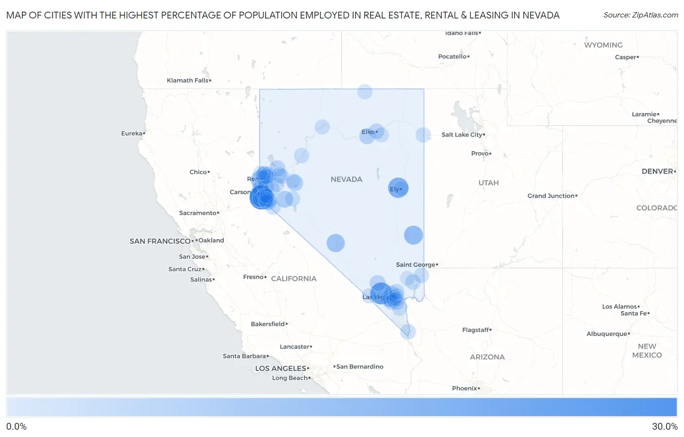 Cities with the Highest Percentage of Population Employed in Real Estate, Rental & Leasing in Nevada Map