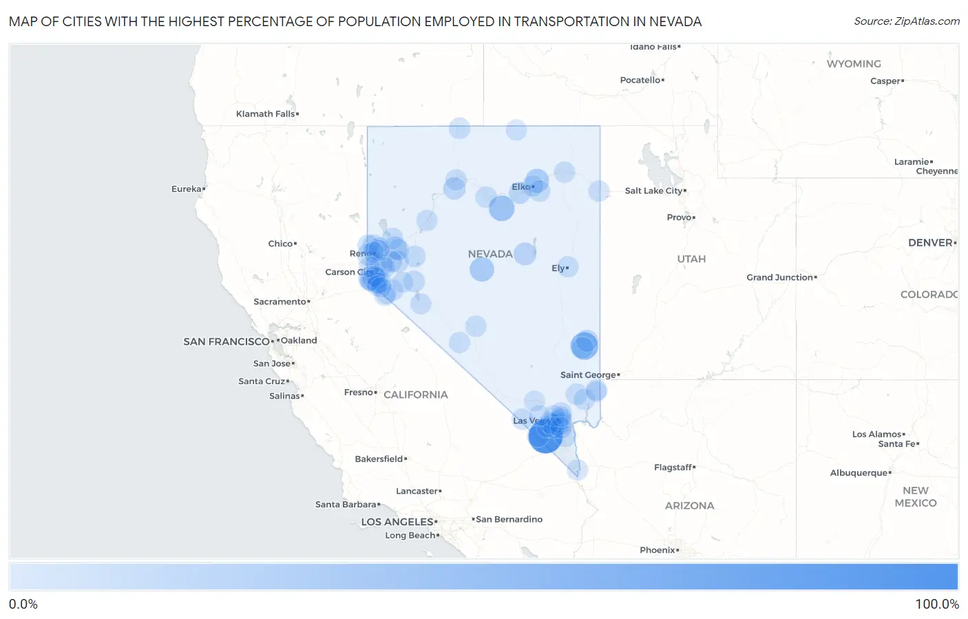 Cities with the Highest Percentage of Population Employed in Transportation in Nevada Map
