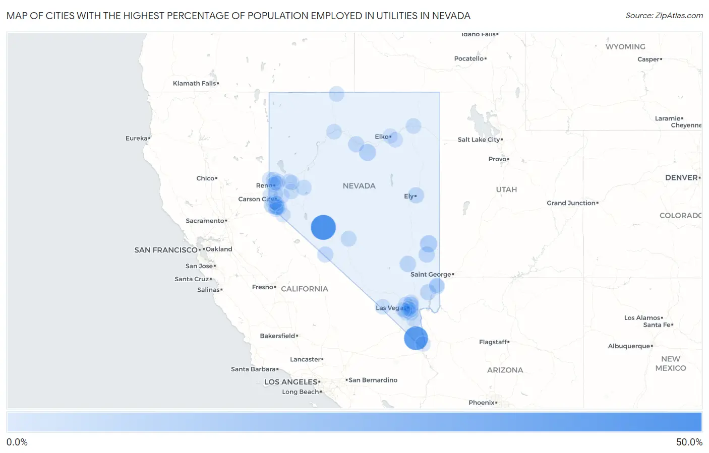Cities with the Highest Percentage of Population Employed in Utilities in Nevada Map